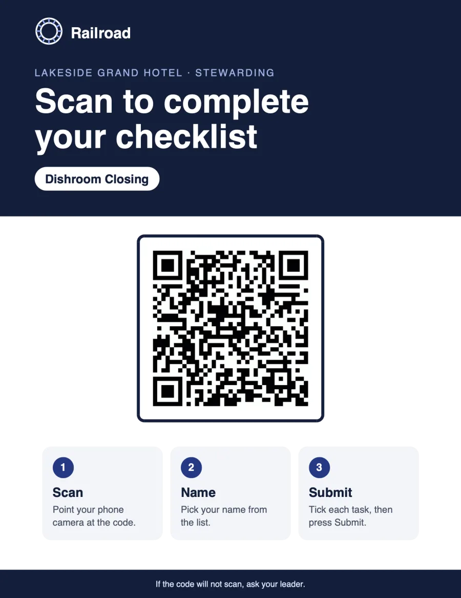 A printed poster reading Scan to complete your checklist, with a QR code and three steps.