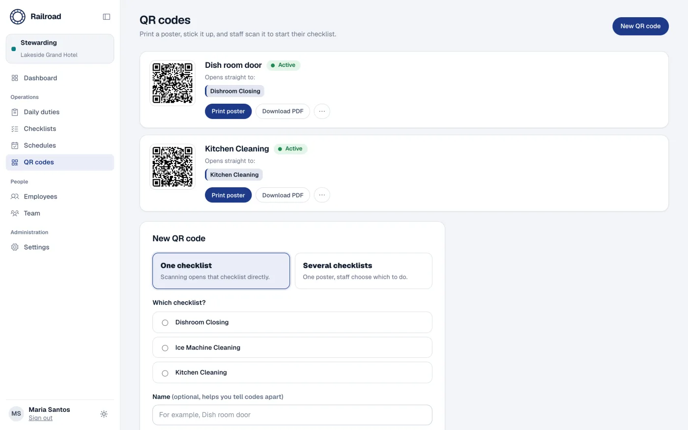 The QR codes page listing two active codes, each with Print poster and Download PDF buttons.
